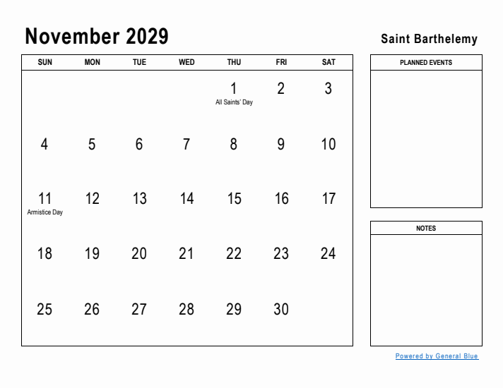 November 2029 Printable Monthly Calendar with Saint Barthelemy Holidays