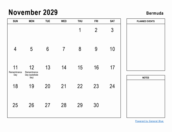 November 2029 Printable Monthly Calendar with Bermuda Holidays