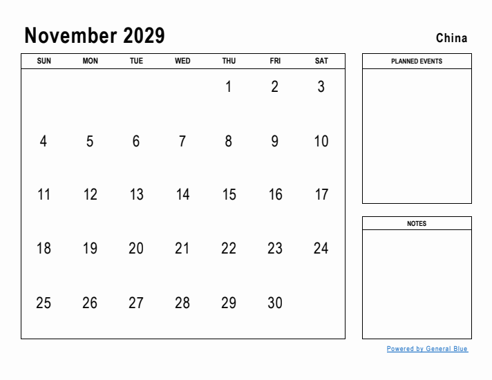 November 2029 Printable Monthly Calendar with China Holidays