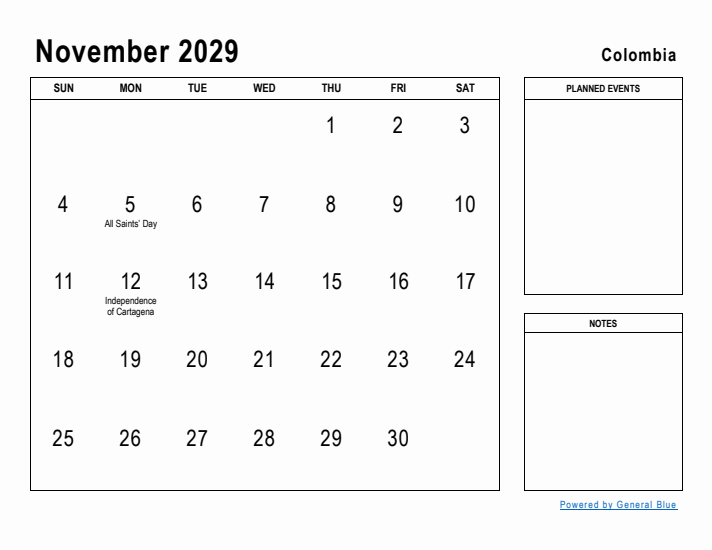 November 2029 Printable Monthly Calendar with Colombia Holidays