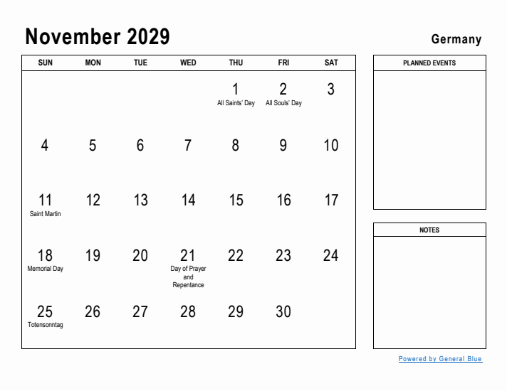 November 2029 Printable Monthly Calendar with Germany Holidays