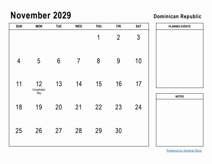 November 2029 Printable Monthly Calendar with Dominican Republic Holidays