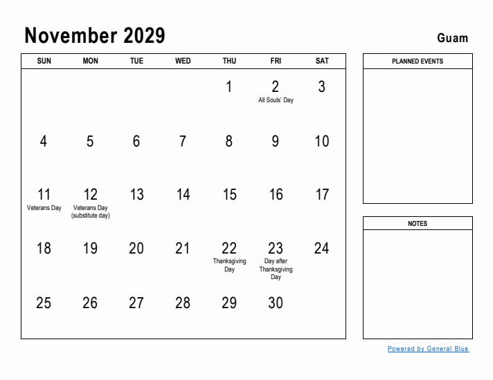 November 2029 Printable Monthly Calendar with Guam Holidays