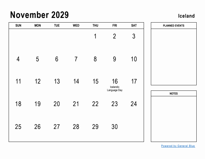 November 2029 Printable Monthly Calendar with Iceland Holidays