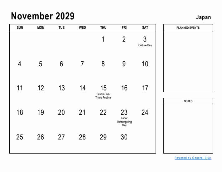 November 2029 Printable Monthly Calendar with Japan Holidays