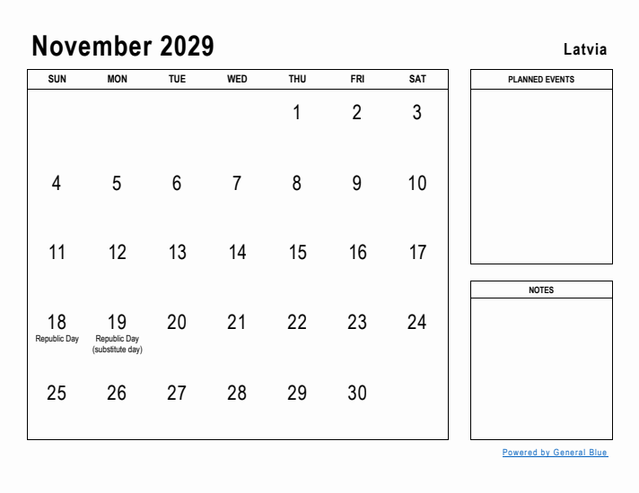 November 2029 Printable Monthly Calendar with Latvia Holidays