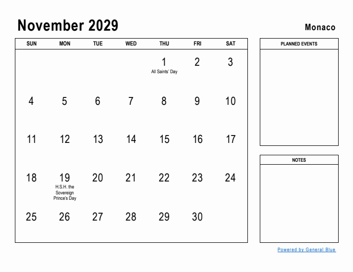 November 2029 Printable Monthly Calendar with Monaco Holidays