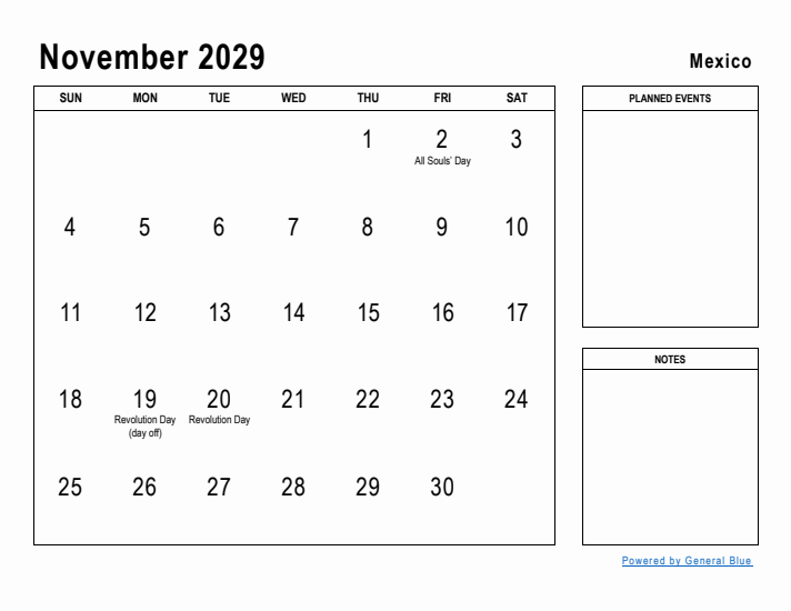 November 2029 Printable Monthly Calendar with Mexico Holidays