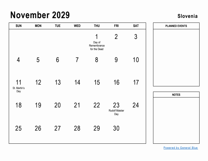 November 2029 Printable Monthly Calendar with Slovenia Holidays