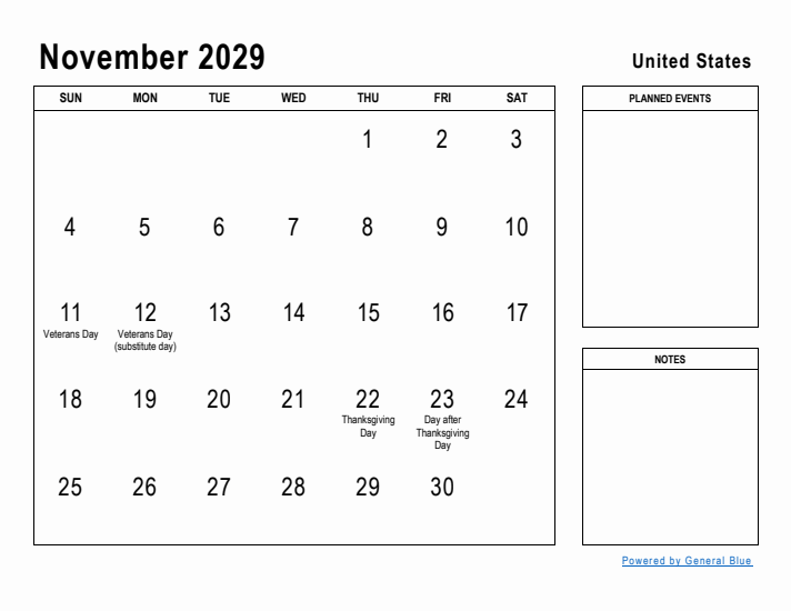 November 2029 Printable Monthly Calendar with United States Holidays