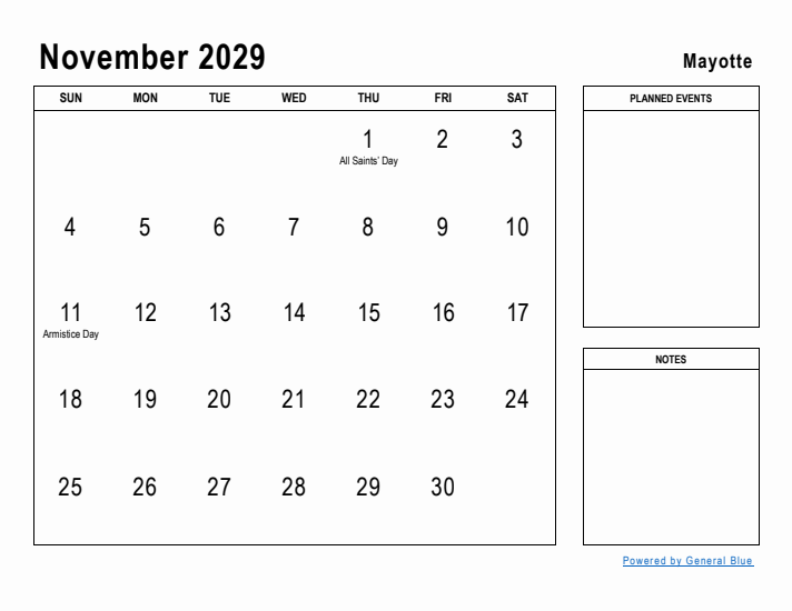 November 2029 Printable Monthly Calendar with Mayotte Holidays