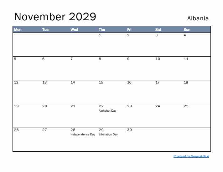 November 2029 Simple Monthly Calendar for Albania