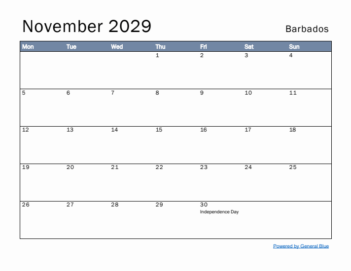 November 2029 Simple Monthly Calendar for Barbados