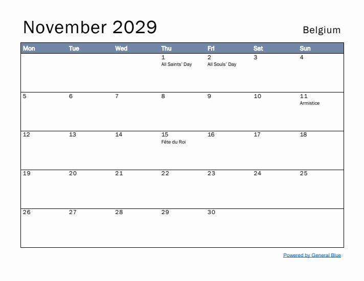 November 2029 Simple Monthly Calendar for Belgium