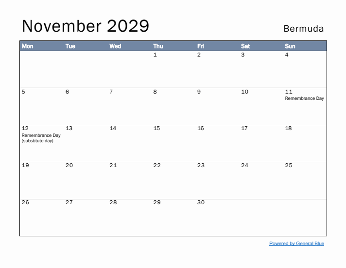 November 2029 Simple Monthly Calendar for Bermuda