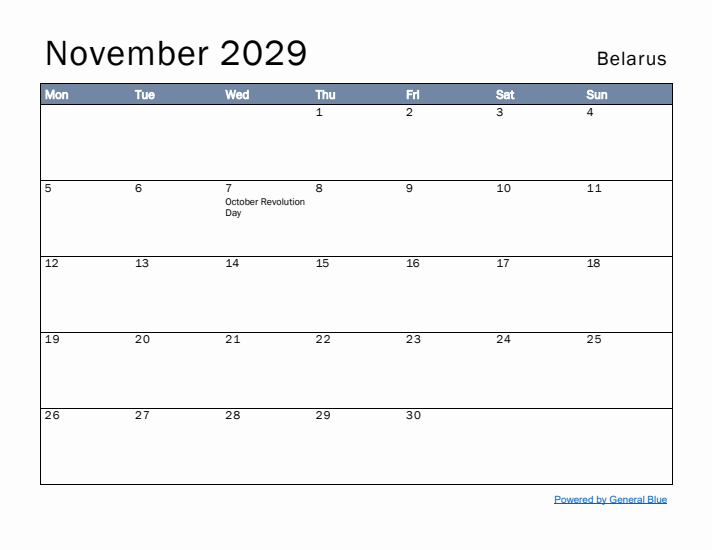 November 2029 Simple Monthly Calendar for Belarus