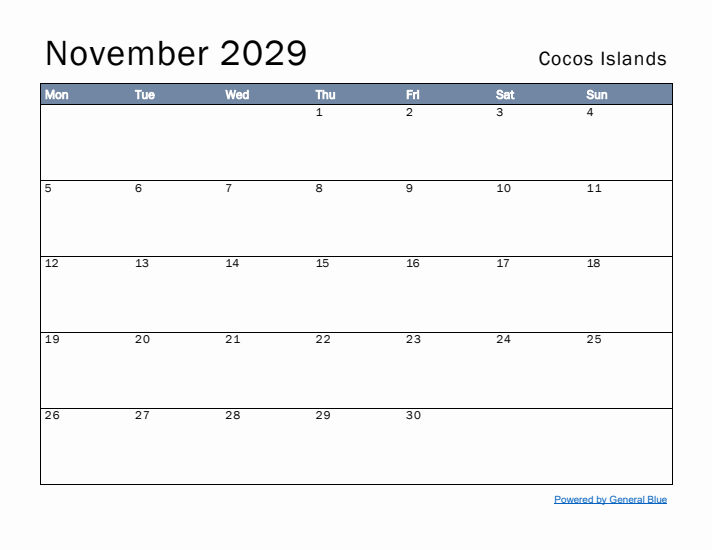 November 2029 Simple Monthly Calendar for Cocos Islands