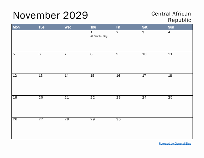 November 2029 Simple Monthly Calendar for Central African Republic