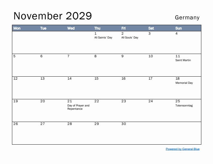 November 2029 Simple Monthly Calendar for Germany