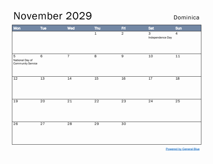 November 2029 Simple Monthly Calendar for Dominica