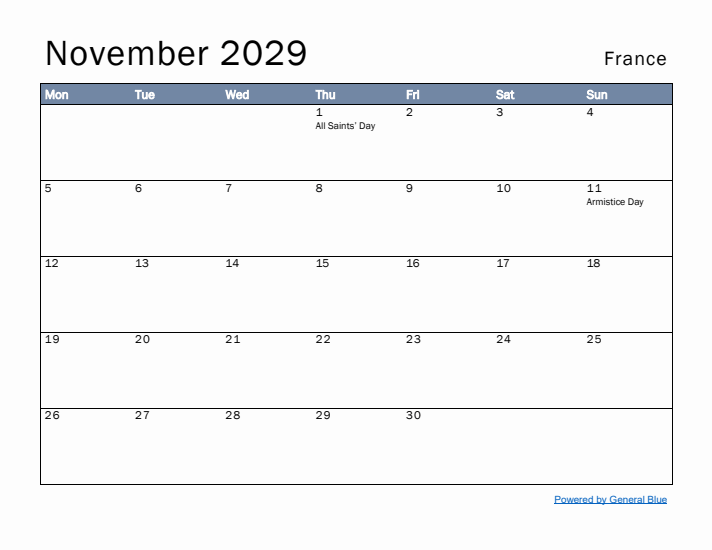 November 2029 Simple Monthly Calendar for France