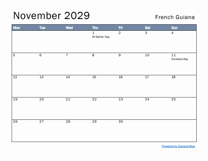 November 2029 Simple Monthly Calendar for French Guiana