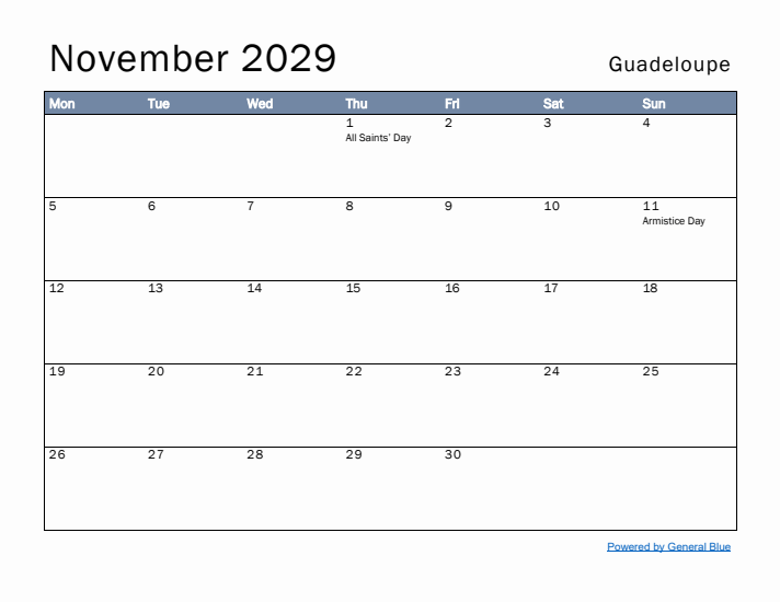 November 2029 Simple Monthly Calendar for Guadeloupe