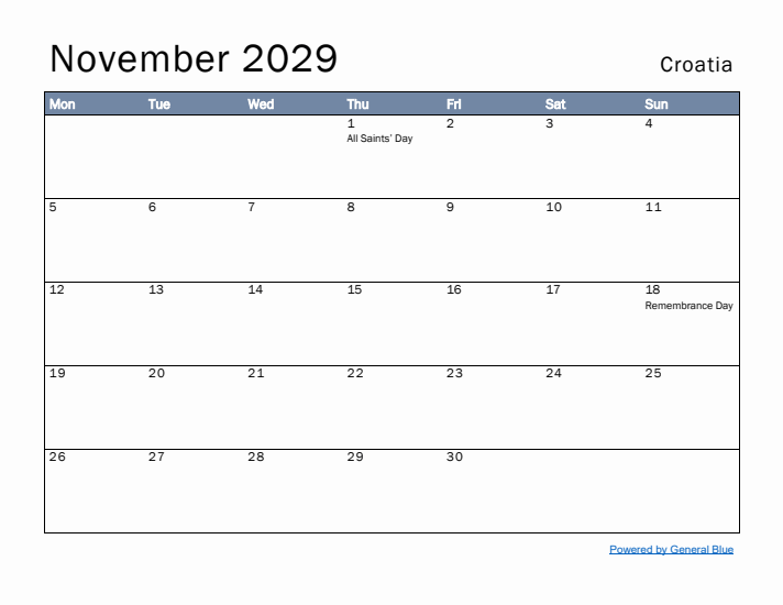 November 2029 Simple Monthly Calendar for Croatia