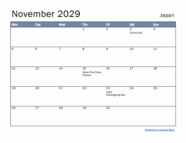 November 2029 Simple Monthly Calendar for Japan