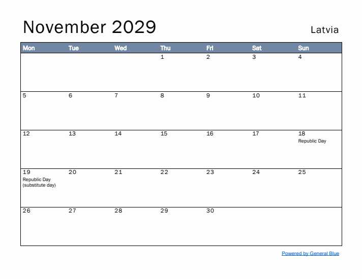 November 2029 Simple Monthly Calendar for Latvia