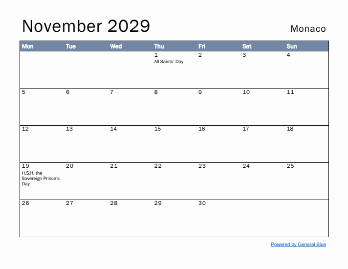 November 2029 Simple Monthly Calendar for Monaco