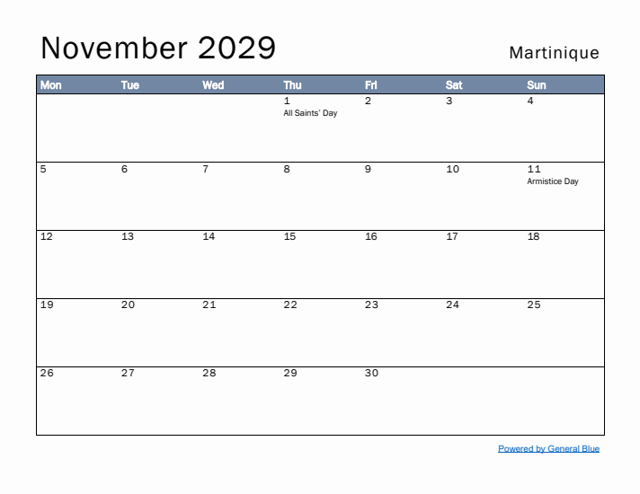 November 2029 Simple Monthly Calendar for Martinique