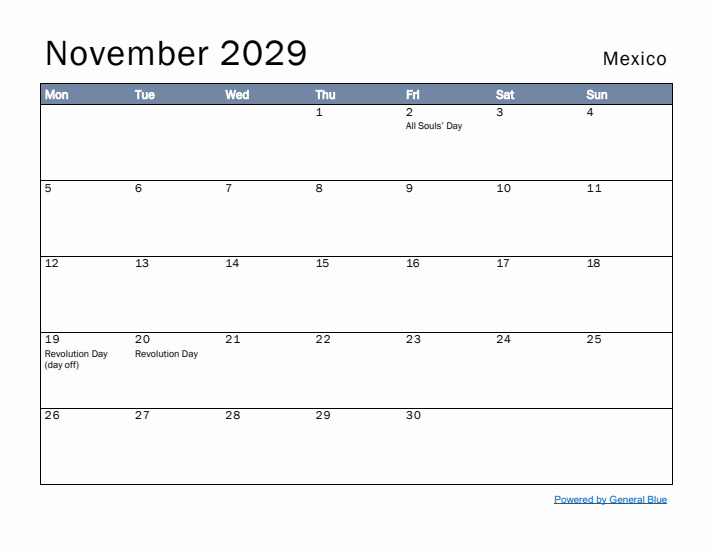 November 2029 Simple Monthly Calendar for Mexico