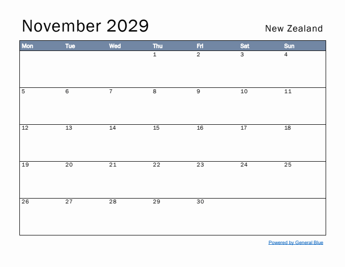 November 2029 Simple Monthly Calendar for New Zealand