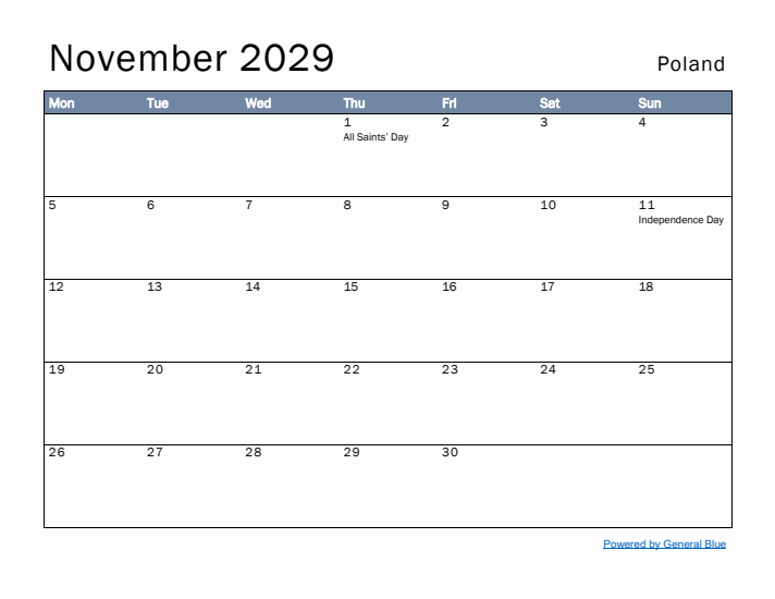 November 2029 Simple Monthly Calendar for Poland