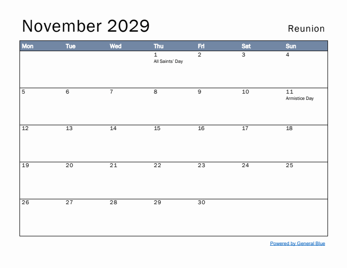 November 2029 Simple Monthly Calendar for Reunion