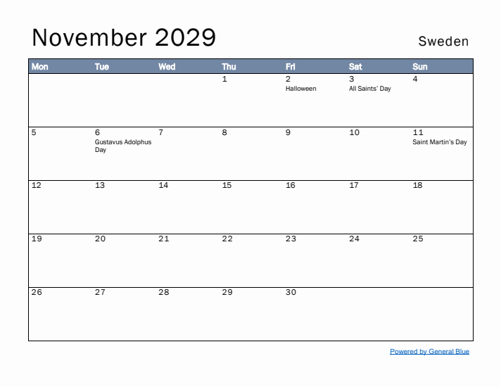 November 2029 Simple Monthly Calendar for Sweden