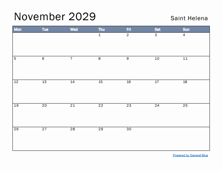 November 2029 Simple Monthly Calendar for Saint Helena