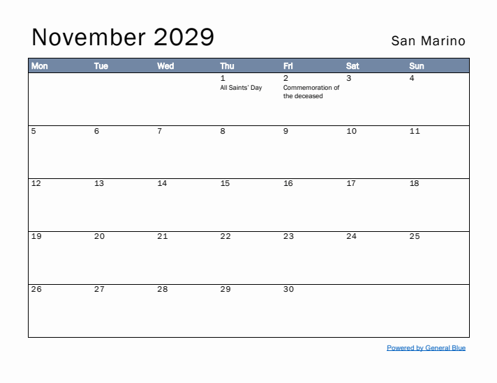 November 2029 Simple Monthly Calendar for San Marino