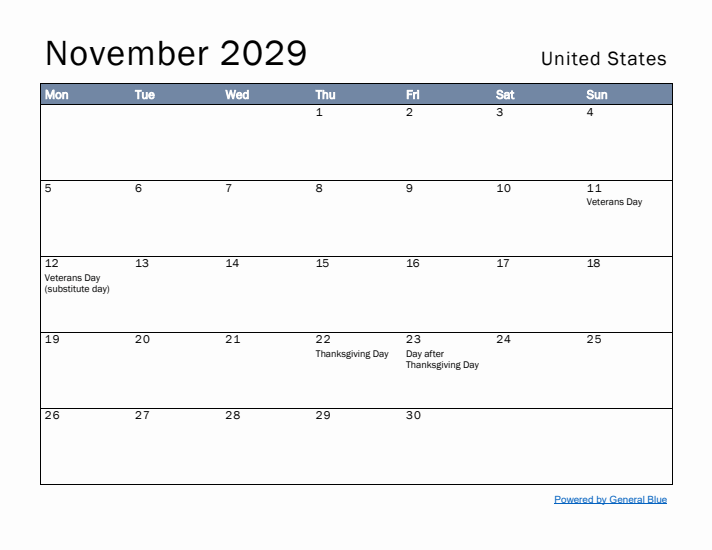 November 2029 Simple Monthly Calendar for United States