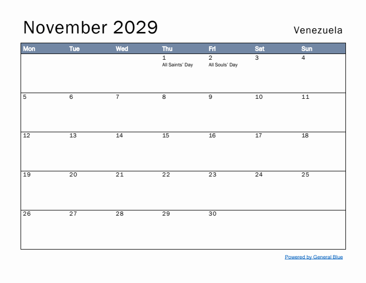 November 2029 Simple Monthly Calendar for Venezuela