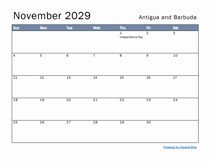 November 2029 Simple Monthly Calendar for Antigua and Barbuda