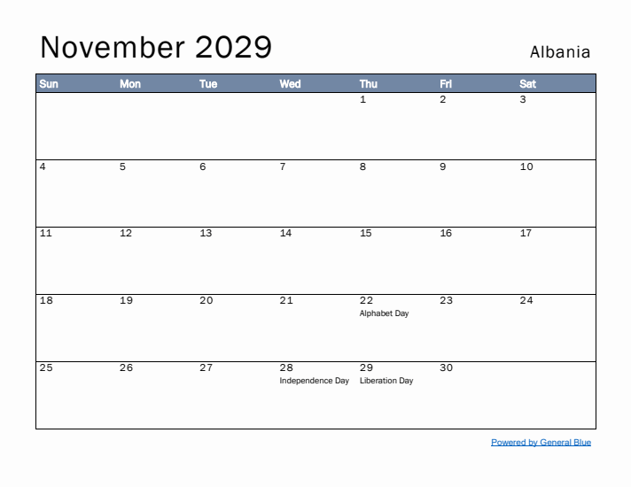 November 2029 Simple Monthly Calendar for Albania