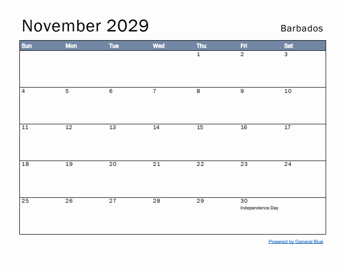 November 2029 Simple Monthly Calendar for Barbados