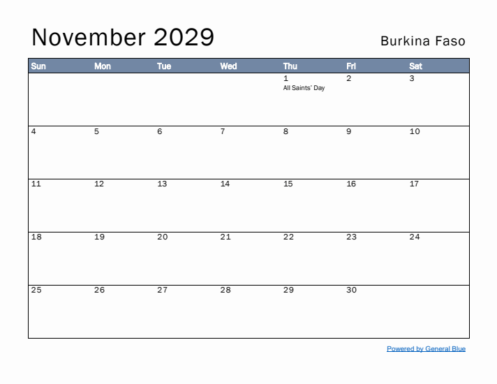 November 2029 Simple Monthly Calendar for Burkina Faso