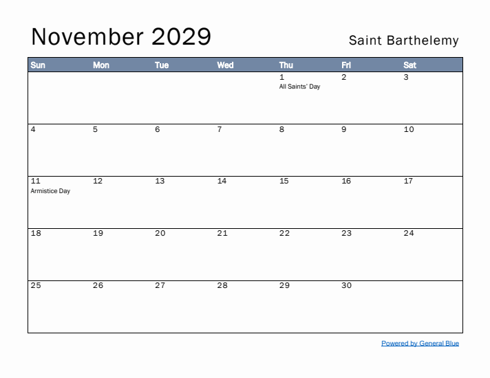 November 2029 Simple Monthly Calendar for Saint Barthelemy