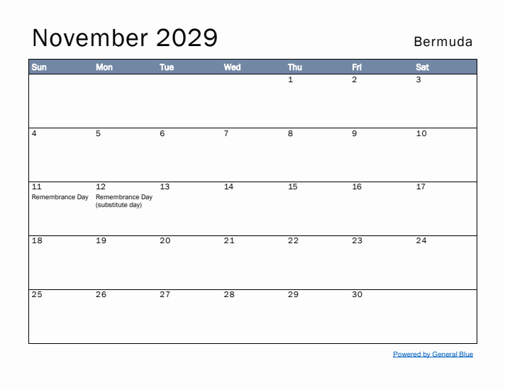 November 2029 Simple Monthly Calendar for Bermuda