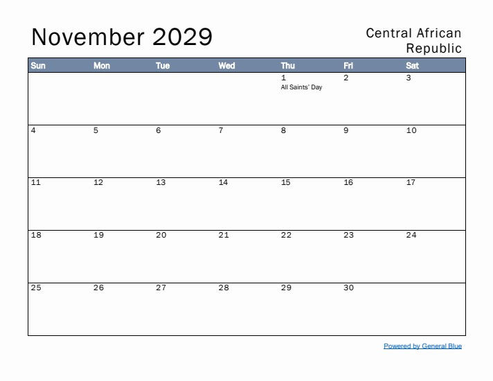 November 2029 Simple Monthly Calendar for Central African Republic