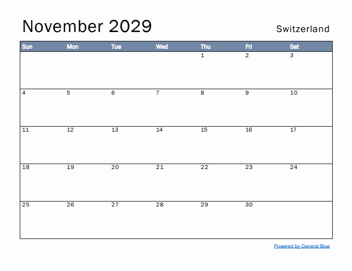 November 2029 Simple Monthly Calendar for Switzerland