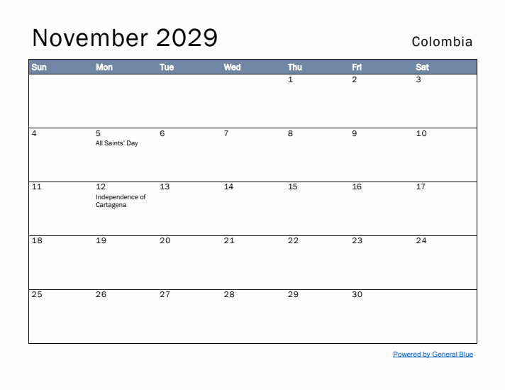 November 2029 Simple Monthly Calendar for Colombia